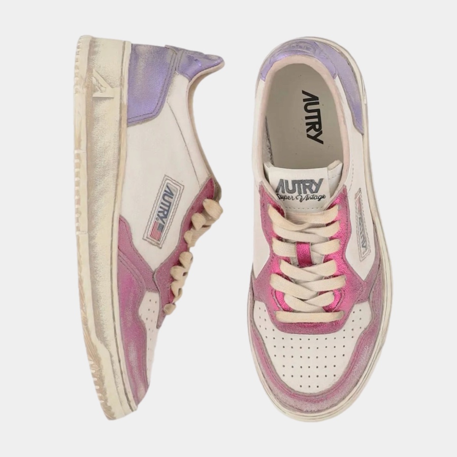 AUTRY-BASKETS MEDALIST LOW SUPER VINTAGE EN CUIR BLANC FUCHSIA ET VIOLET