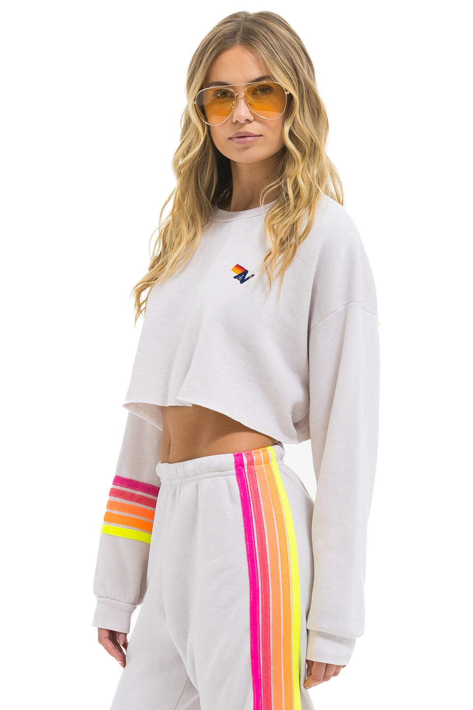 AVIATOR NATION-RUGBY STITCH CROPPED CREW SWEATSHIRT RELAXED DOVE GREY // NEON