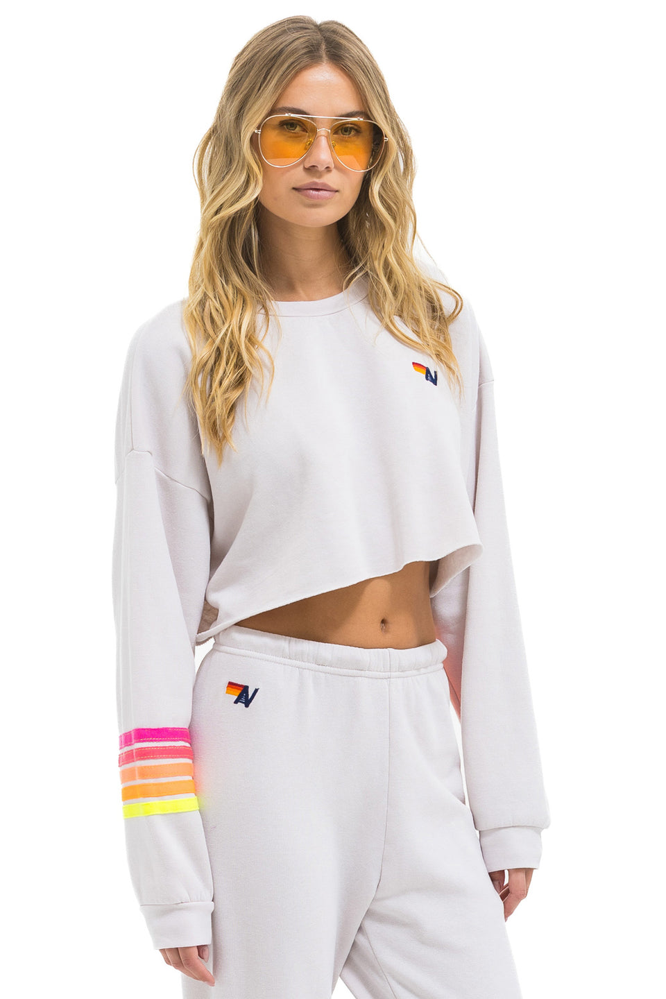 AVIATOR NATION-RUGBY STITCH CROPPED CREW SWEATSHIRT RELAXED DOVE GREY // NEON