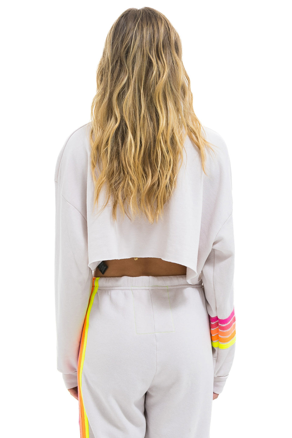 AVIATOR NATION-RUGBY STITCH CROPPED CREW SWEATSHIRT RELAXED DOVE GREY // NEON