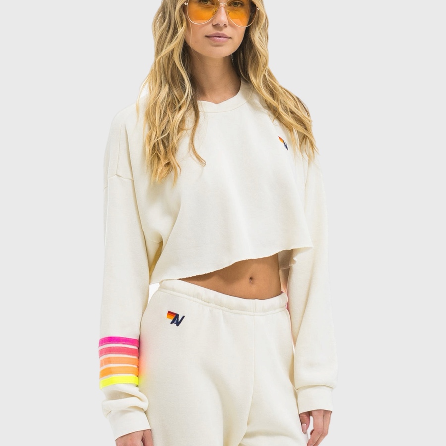 AVIATOR NATION-RUGBY STITCH CROPPED CREW SWEATSHIRT RELAXED VINTAGE WHITE // NEON,