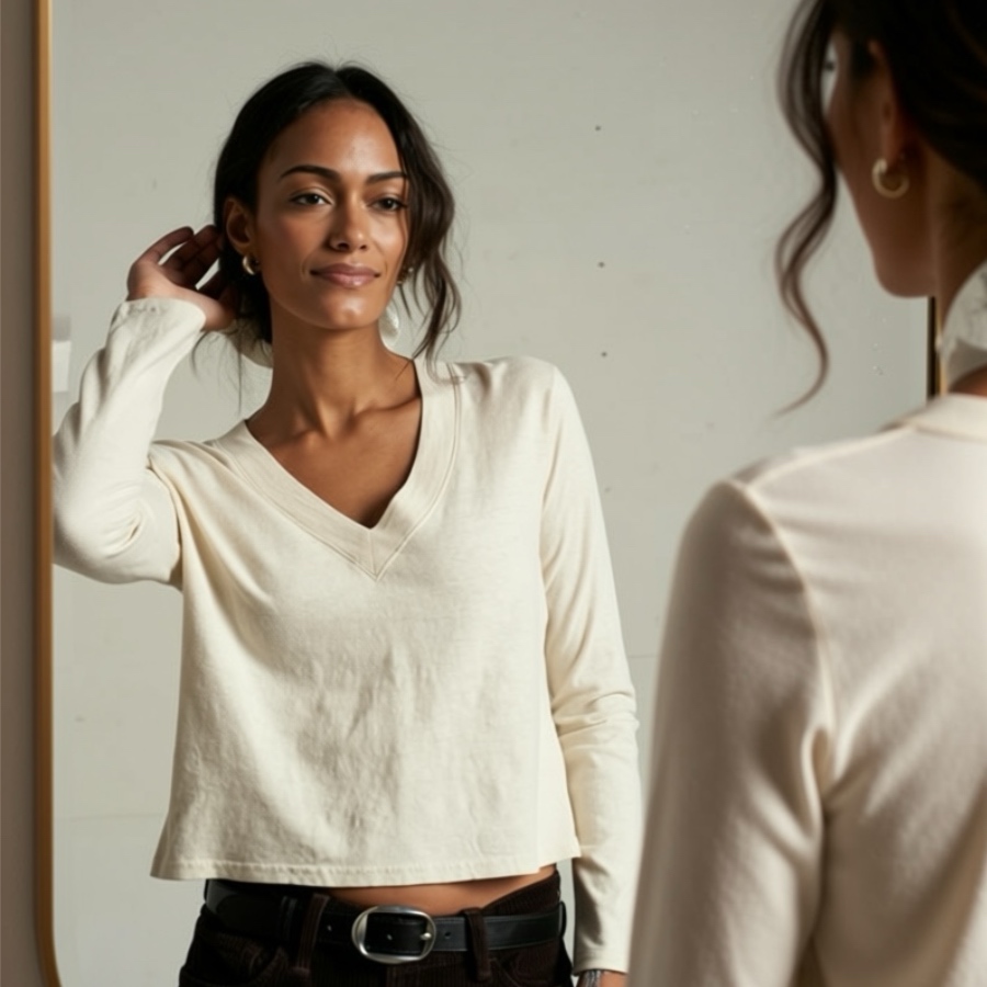 PERFECT WHITE TEE – FIONA RECYCLED COTTON V NECK TEE SUGAR