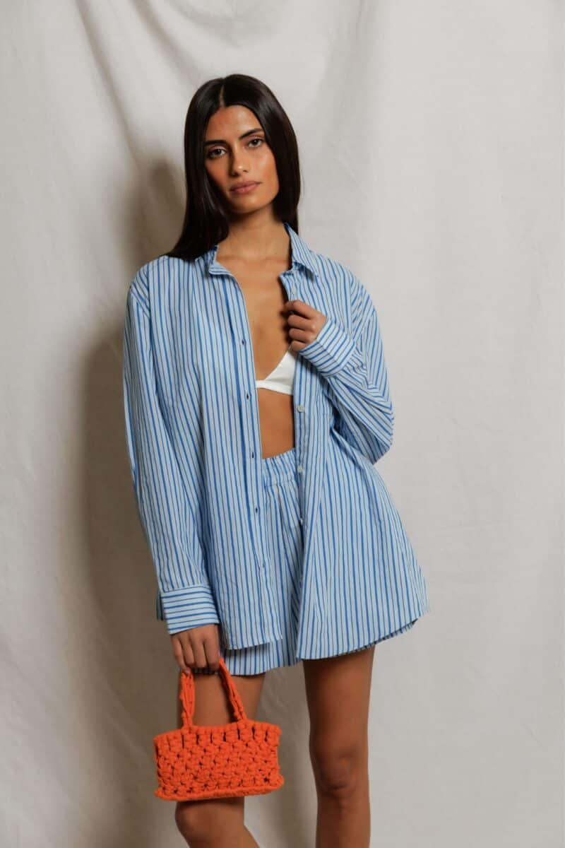 PERFECT WHITE TEE-JULIE POPLIN SHORT PACIFIC BLUE STRIPE
