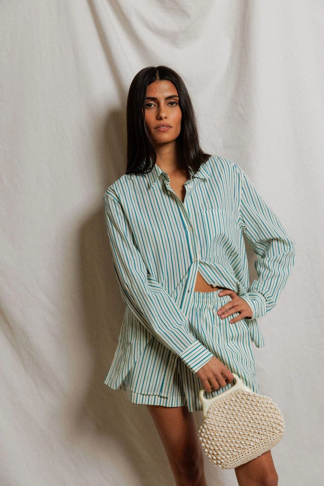 PERFECT WHITE TEE-AVALON TEAL/WHITE STRIPE SHIRT