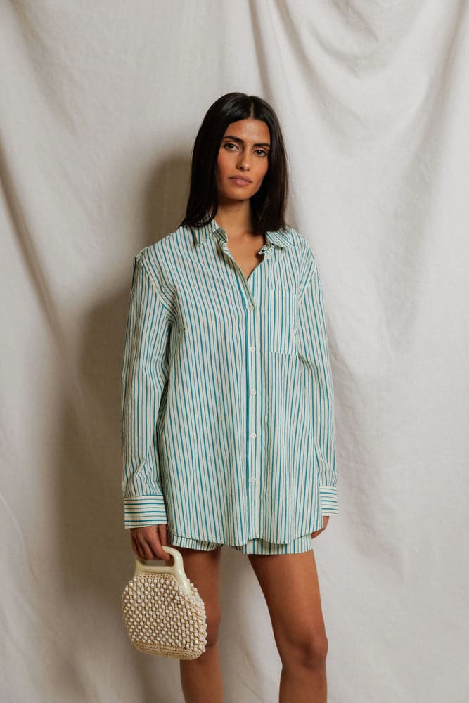 PERFECT WHITE TEE-AVALON TEAL/WHITE STRIPE SHIRT